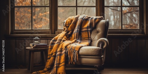 A chair with a blanket on it next to a window.