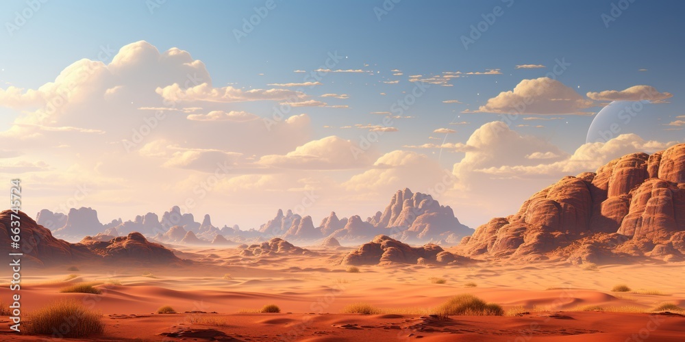 A desert scene with sand dunes and mountains in the distance.