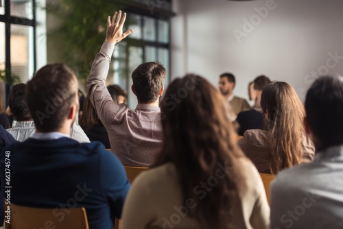 Back view of male raising his hand to answer question or present during training workshop.