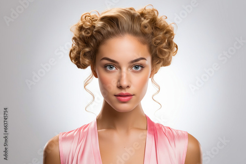 Woman with pink dress and curly updo.