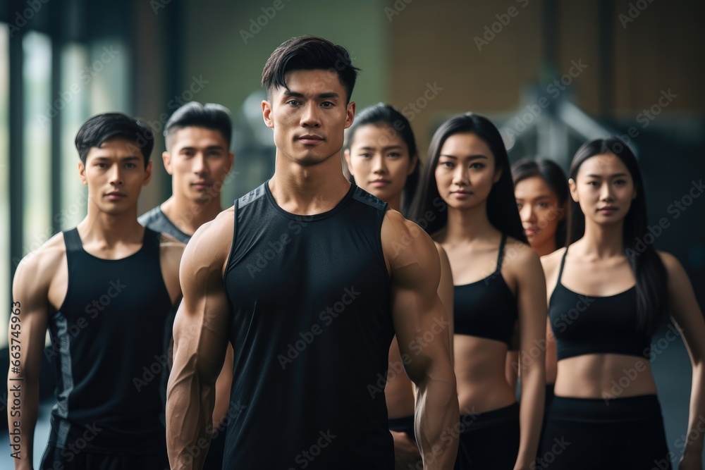 Group of athletic asian men and women stand together in the gym - obrazy, fototapety, plakaty 