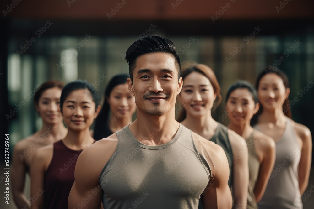 Group of athletic asian men and women stand together in the gym