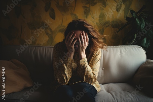 Exhausted mother covering her face in distress, Portrait woman in depression sitting on couch living room suffering from overwork and stress. photo