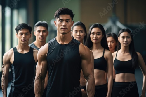 Group of athletic asian men and women stand together in the gym