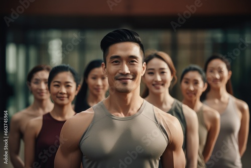 Group of athletic asian men and women stand together in the gym