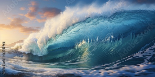 A large wave is breaking on the ocean water with a blue sky in the background and a few clouds in the sky over the water.