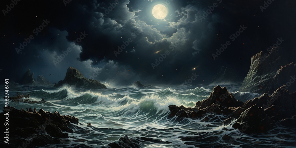 A painting of waves crashing against rocks in the ocean at night.