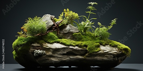 A moss covered rock with small plants growing out of it. photo