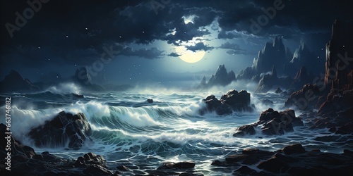 A painting of waves crashing against rocks in the ocean at night. © Влада Яковенко