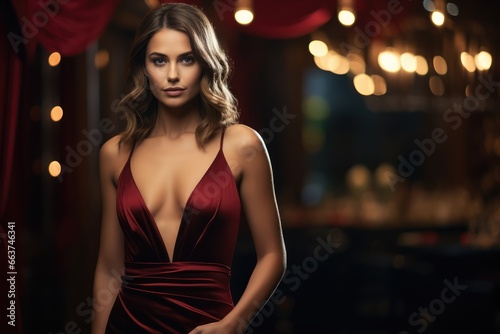 Woman in evening gown  against a rich dark red - Elegance  ready for the festive season - AI Generated