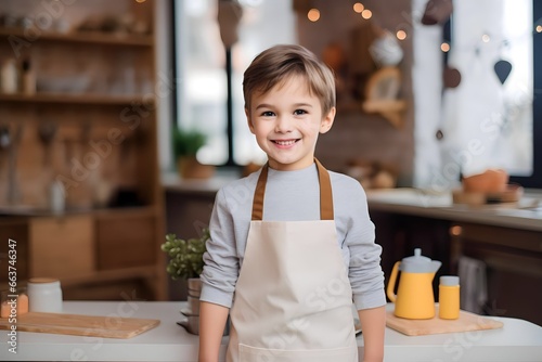 a boy in an apron prepares to cook in the kitchen