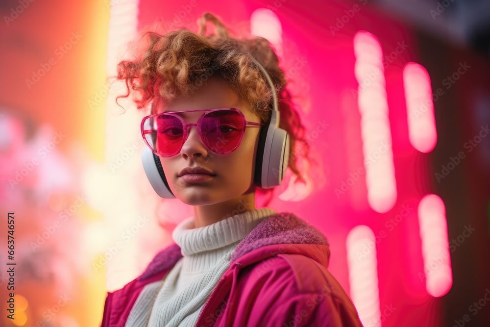 Teenager in retro 80s attire, against a neon pink - Reviving vintage fashion - AI Generated