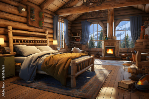 A Rustic Log Cabin-Inspired Bedroom with Log Walls