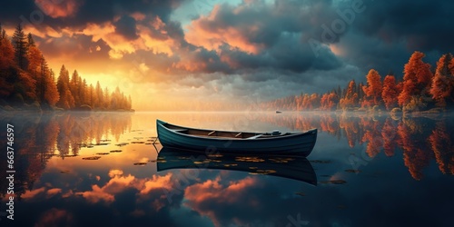 A small boat floating on top of a lake.