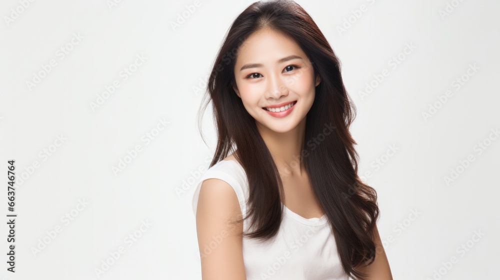 a closeup photo portrait of a beautiful young asian model woman smiling with clean teeth. used for a dental ad. isolated on white background a closeup photo portrait of a beautiful young asian model woman smiling with clean teeth. used for a dental ad. isolated on white background