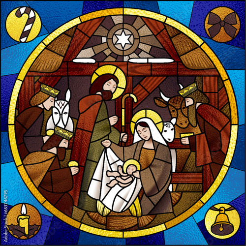 Circle stained glass with the Nativity and Adoration of the Magi scene in beige and brown colors on blue and Christmas symbol icons. Vector illustration
