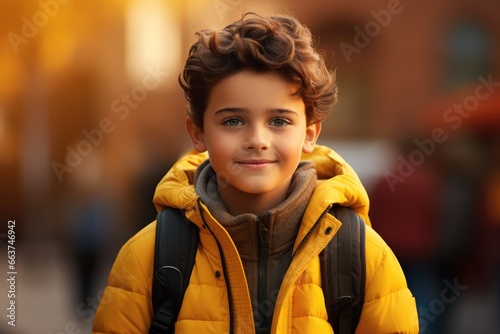 Kid with a school backpack, against a yellow tone - Back to school - AI Generated