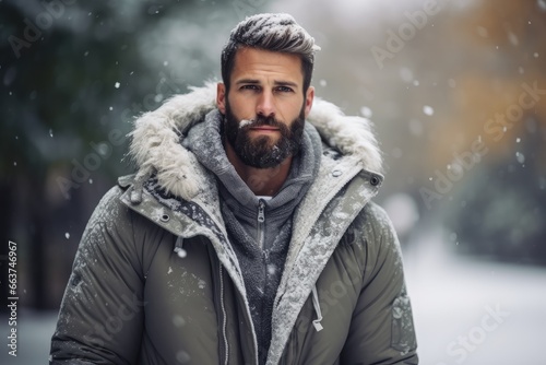 Wintertime Fashion - Man in winter coat, against a cool gray - Prepped for the first snowfall - AI Generated