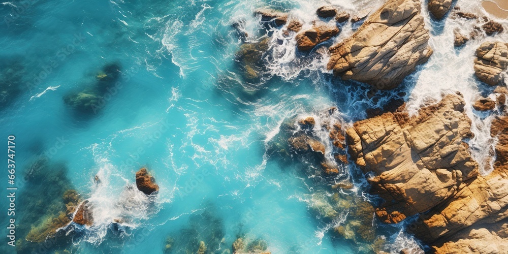 An aerial view of a rocky beach with clear blue water.