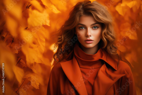 Woman in autumn coat with maple leaves, against an orange hue - Feeling the fall, sensuous warmth - AI Generated