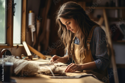 Woman in DIY crafts attire, against a wood brown - Handcrafting, creative trend - AI Generated