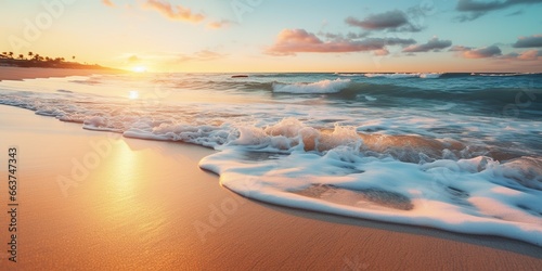 Beautiful sand beach in sunset time. Close up sea wave on sand beach. Sea shore. Concept travel and summer vacation.