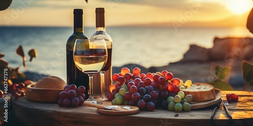 Beautiful summer romantic picnic at sunset on sand beach. Bottles of red and white wine, baguete, cheese, grapes and fresh fruits on napkin on wooden board on blurred seascape.