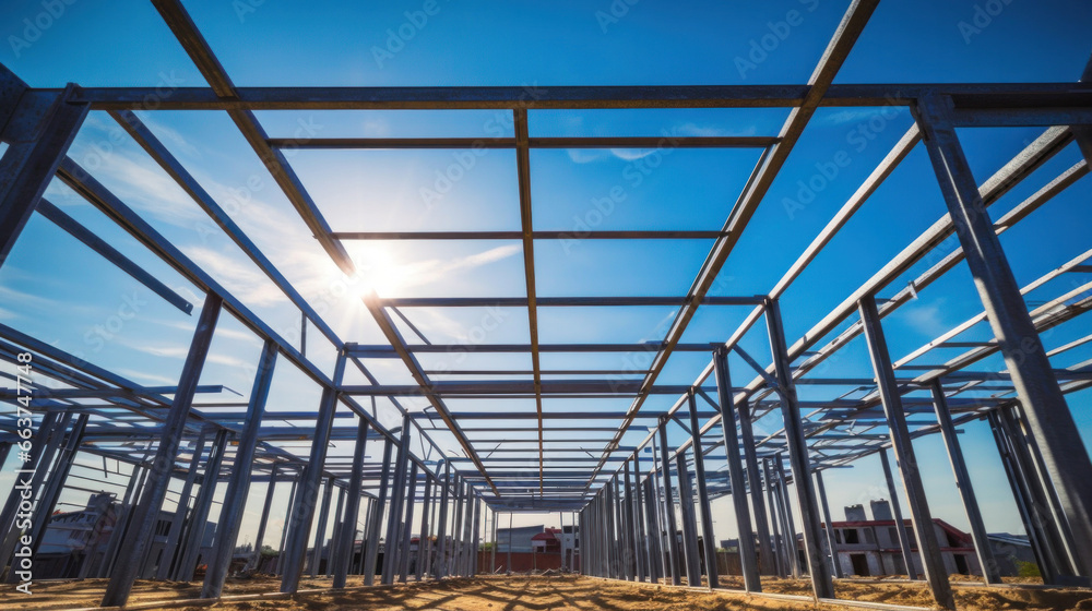 Structure of steel for building under construction in the blue sky.