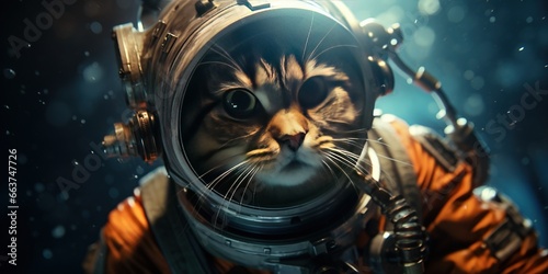 Cat astronaut in a spacesuit in outer space.