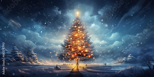 Christmas tree and snow falling in winter. Perfect for greeting card