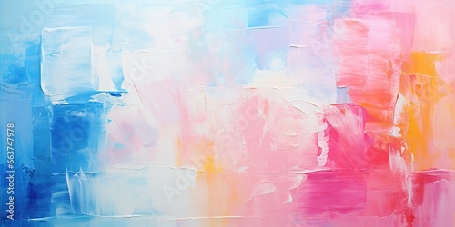 Closeup of abstract rough colorful multicolored neon blue, pink and yellow colored art painting texture, with oil brushstroke, pallet knife paint on canvas photo