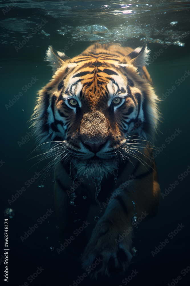 Tiger underwater, portrait photorealistic illustration, generative art