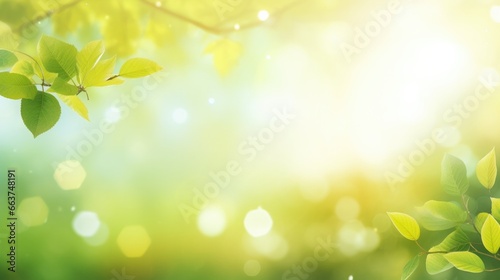 Sunny spring background with blurred grass and leaves and bokeh. © panu101