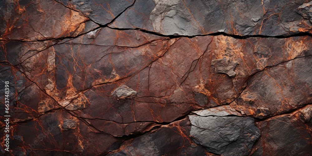 Dark red orange brown rock texture with cracks. Close - up. Rough mountain surface. Stone granite background for design. Nature.