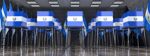 El Salvador - voting booths and national flags in polling station - election concept - 3D illustration