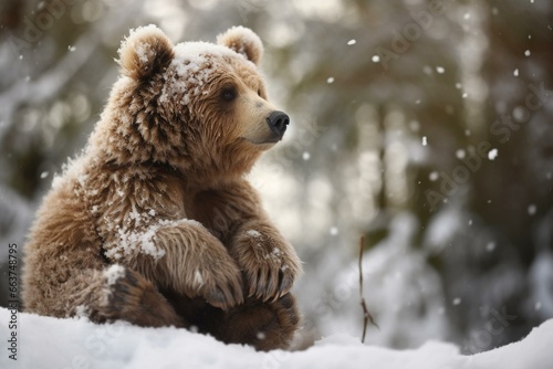 adorable bear seated in snow during wintertime. Generative AI
