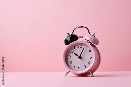 Pink alarm clock on pastel pink background. Generative AI