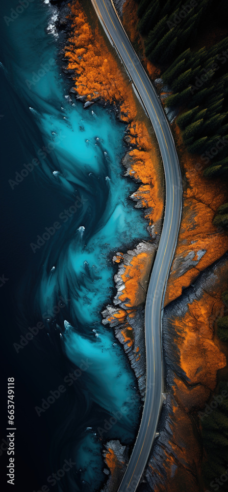 Aerial view of the road along the river in autumn mountain landscape Aerial view of the road along the river in autumn mountain landscape