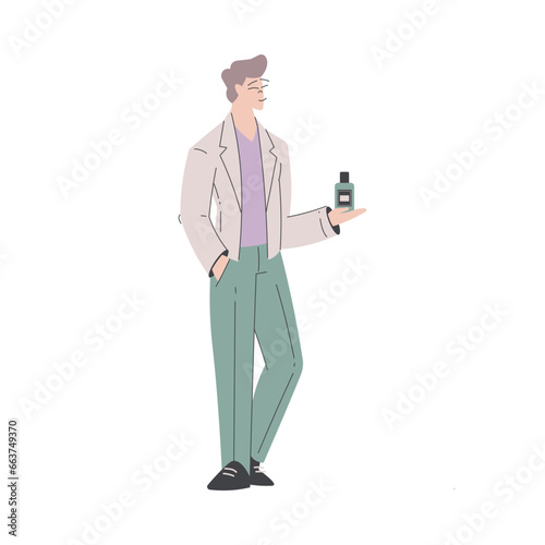 Beauty Care with Young Man Standing with Lotion Bottle Vector Illustration