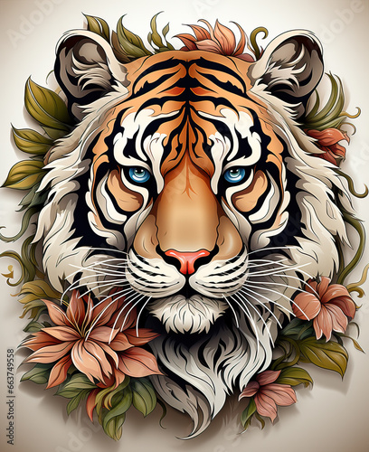 Color image of a tiger close up on a white background.