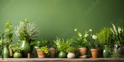 Home plants growing. Eco friendly composition with garden tools and plants on a wooden board on green backgrounds with copy space.