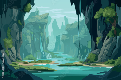 Background river in the jungle in the flat cartoon design. Enchanting world of illustration vivid colors and intricate details bring nature to life on canvas jungle. Vector illustration.
