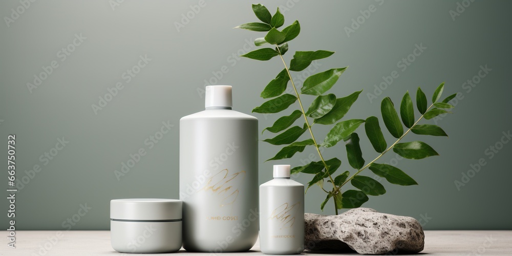 Mockup Set with of Container, Bottle, Tube and green leaves Mockup Set with of Container, Bottle, Tube and green leaves