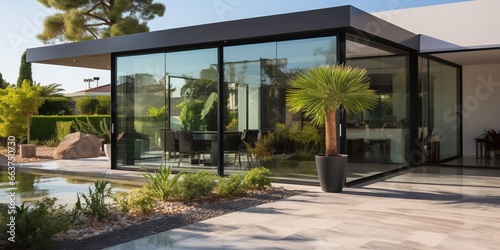 Modern aesthetic glass entrance to a building or villa, sliding glass door photo
