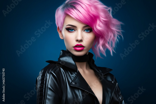 Woman with pink hair and black jacket on.