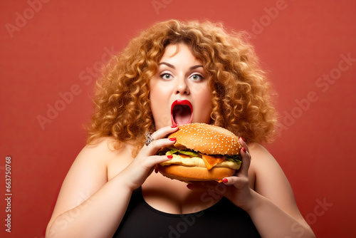 Woman with curly hair is holding hamburger in front of her face.