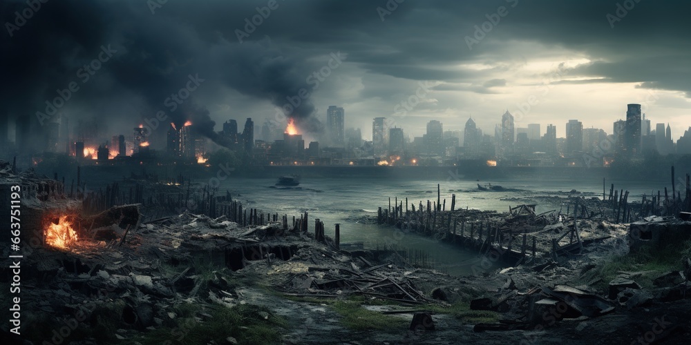 Panoramic view to the destroyed city after the war. Dramatic scene of the Bombed out, burning and fuming city. Human suffering and war. Ruined, deserted city after war with dark clouds - obrazy, fototapety, plakaty 