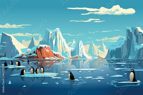 Background penguins and glaciers in the flat cartoon design. Demonstration of the mesmerizing world of Antarctica with this vivid illustration capturing its breathtaking beauty. Vector illustration.