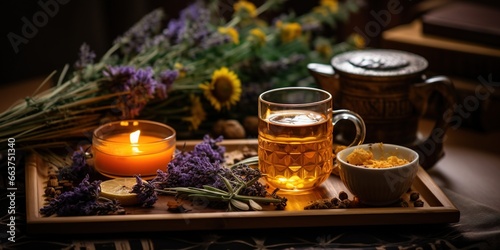 Relax at home. Cup of herbal tea, aroma candle, sticks, lavender flowers, dry oranges and natural oils on wooden tray with copy space. Insomnia or depression treatment.