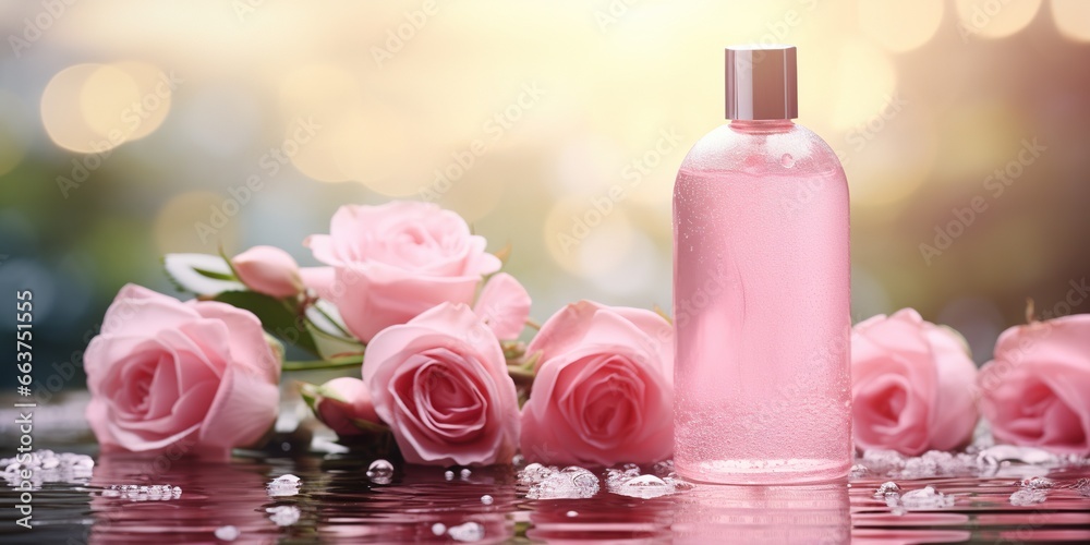 Spa relax composition with cosmetic bottle with lotion, shampoo or body cream and pink roses on water surface on blurred landscape. Skin care treatment. Spa relax composition with cosmetic bottle with lotion, shampoo or body cream and pink roses on water surface on blurred landscape. Skin care treatment.
